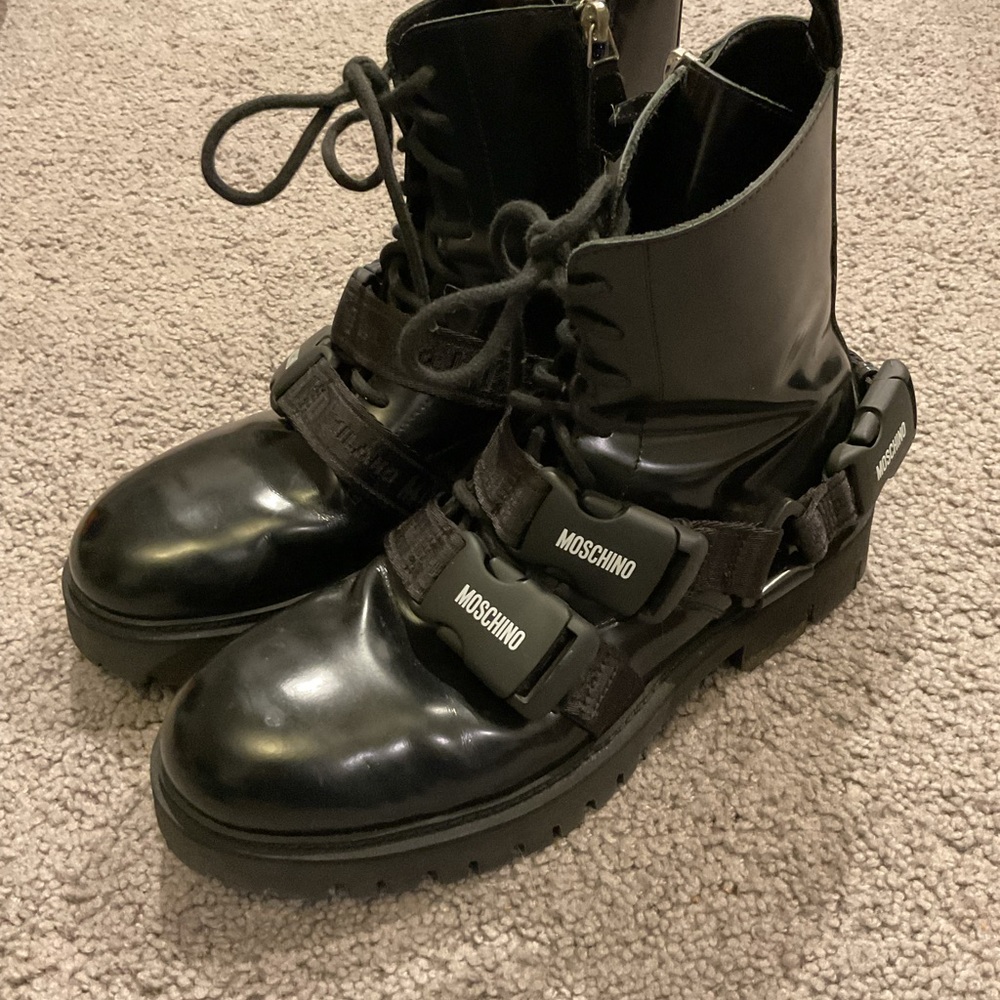 Moschino Italy Signature Strap Black Leather Combat MOTO Boots Platform Shoes 41 - Picture 9 of 11